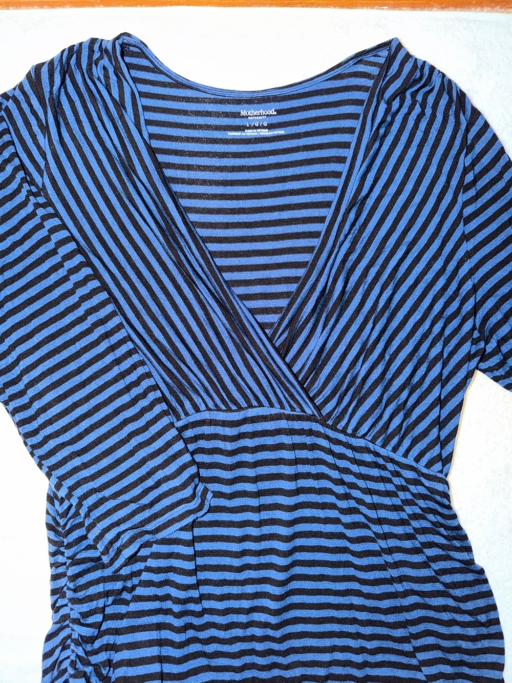 Motherhood Maternity Striped Surplice Wrap Top 3/4 Sleeve Side Ruching Stretchy